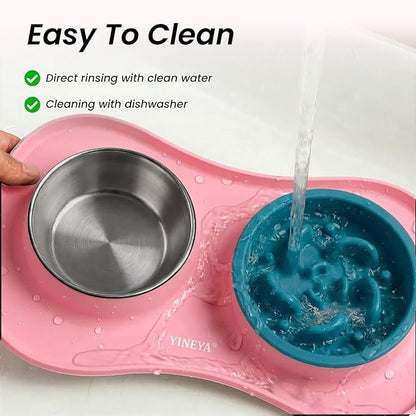 YINEYA Slow Feeder Dog Bowls Stainless Steel Food and Water Bowl Set 3 in 1 No Spill Waterproof Silicone Pet Food Mat Puppy Feeding Station for Large Medium Small Breed Non Slip Metal Dish Tray