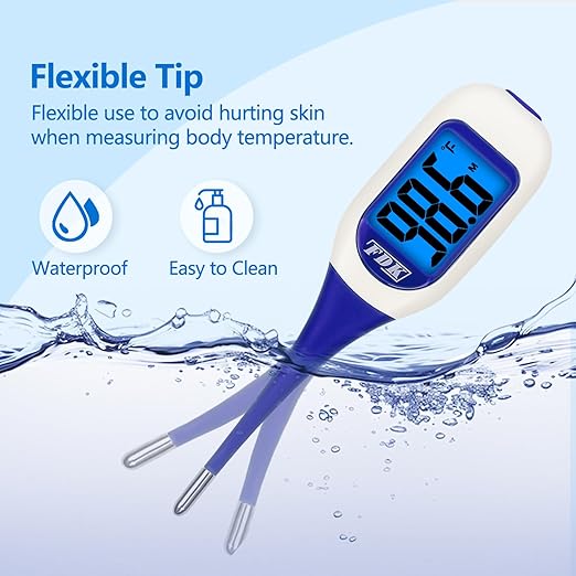 FDK Large LCD Screen Digital Thermometer for Fever, 8 Seconds Fast & Accurate Readings, Large LCD Dual Color Backlight Flexible Tip Ideal for Adults Kids and Babies FSA