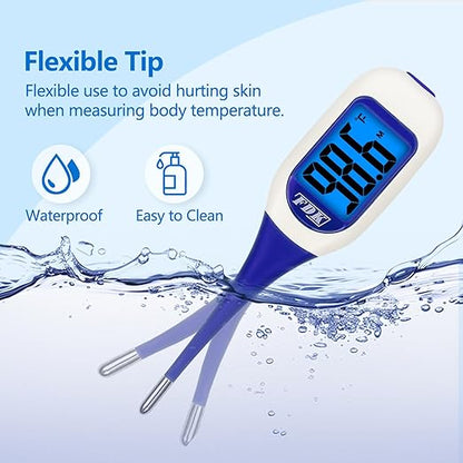 FDK Large LCD Screen Digital Thermometer for Fever, 8 Seconds Fast & Accurate Readings, Large LCD Dual Color Backlight Flexible Tip Ideal for Adults Kids and Babies FSA