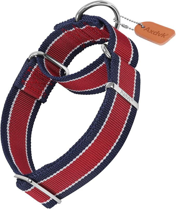 Martingale Collar 1.5 Inch Wide 1600D Extra Strong Anti Escape Nylon Dog Collar, No Pull Heavy Duty Pet Collars with 3-Color Stripe for Large to XLarge Dogs (XL, Red & Navy Blue)