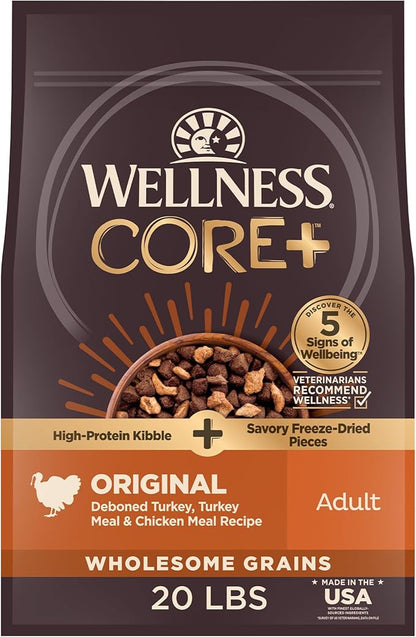 Wellness CORE+ Dry Dog Food with Freeze Dried Pieces, Wholesome Grains, High Protein, Natural, Original Turkey & Chicken Recipe, (20-Pound Bag)