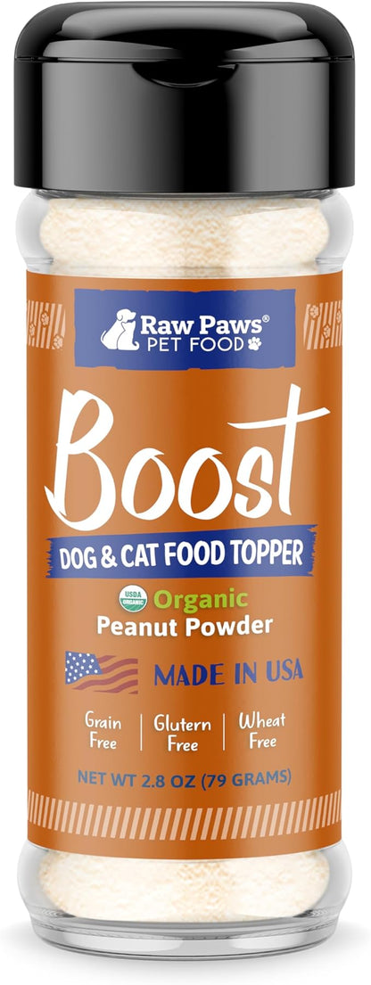 Raw Paws Boost Pet Food Topper Organic Peanut Powder, 2.8-oz - Made in USA - Dog Food Topper, Peanut Butter Treats Meal Toppers for Dogs, Flavor Food Toppers for Picky Dogs, Food Sprinkles
