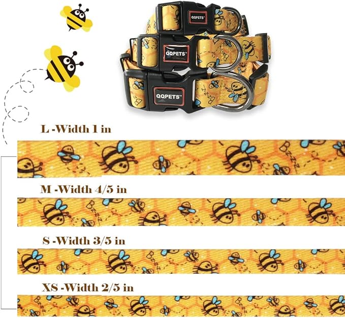QQPETS Adjustable Soft Dog Collar: Print Flower Pink Multicolor Cute Patterns for XS Small Medium Large Pet Girl Boy Puppy Walking Running Training (S, Yellow Bee)