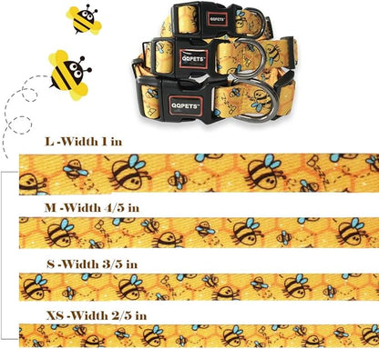 QQPETS Adjustable Soft Dog Collar: Print Flower Pink Multicolor Cute Patterns for XS Small Medium Large Pet Girl Boy Puppy Walking Running Training (S, Yellow Bee)