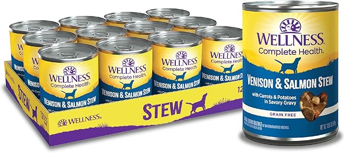 Wellness Complete Health Stew Adult Canned Wet Dog Food, Grain Free, Natural, Venison and Salmon Recipe, 12.5 oz, Pack of 12 Cans