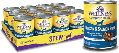 Wellness Complete Health Stew Adult Canned Wet Dog Food, Grain Free, Natural, Venison and Salmon Recipe, 12.5 oz, Pack of 12 Cans