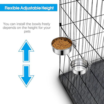 2 Pcs Small Dog Food Water Bowl for Cage with Upgraded Clamp Holder, Pet Kennel Hanging Bowls Stainless Steel Non-Spill Detectable Bowls Crate Feeder for Small Dogs (4.7x2'' & 4x1.8'')