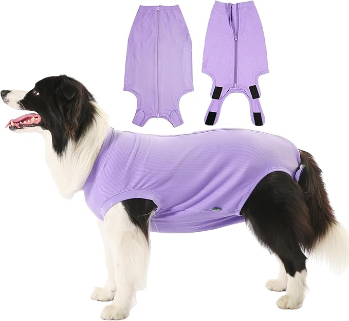 Dog Recovery Suit Female Spay Surgery Small Puppy Onesie, Zipper Closure Cotton Striped Wounds Protect Surgical Suit, Plain Purple XS