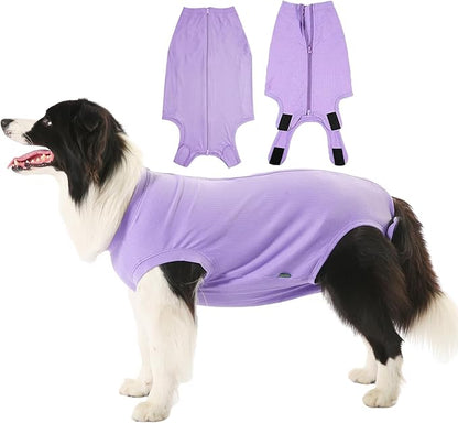 Dog Recovery Suit Female Spay Surgery Small Puppy Onesie, Zipper Closure Cotton Striped Wounds Protect Surgical Suit, Plain Purple XS