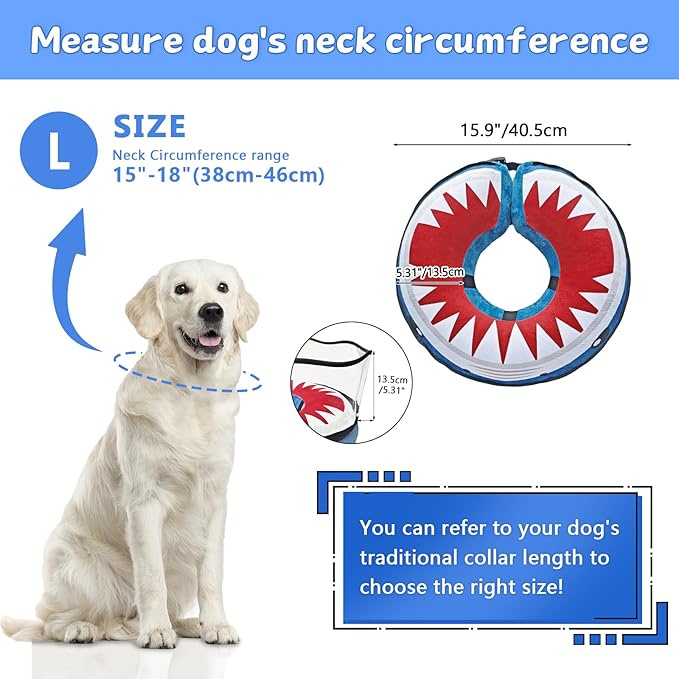 Inflatable Dog Cone Collar Soft Dog Cone Alternative After Surgery to Stop Licking for Large Medium Dogs Recovery Donut Cone Adjustable Neck Collar with Enhanced Anti-Licking Guard Shield,Shark Blue,L