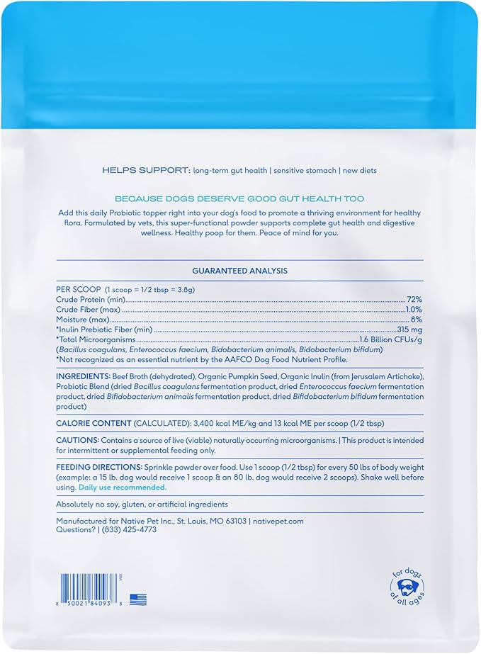 Native Pet Probiotics for Dogs – Dog Probiotic Powder for Gut & Digestive Health, Vet-Formulated 6B CFUs Dog-Specific Probiotic Strains, Supports Stool Quality & Diet Transitions – 240 Scoops