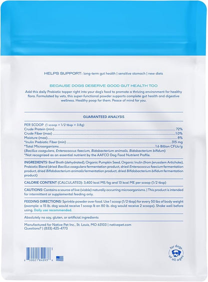Native Pet Probiotics for Dogs – Dog Probiotic Powder for Gut & Digestive Health, Vet-Formulated 6B CFUs Dog-Specific Probiotic Strains, Supports Stool Quality & Diet Transitions – 240 Scoops