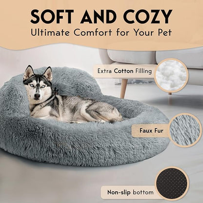 PetJett Dog Beds Large Sized Dog - 36'' Calming Round Bed, Anti-Slip & Washable Super Soft Donut Bed, Fluffy Faux Fur Anti-Anxiety Premium Comfort Pet Bed, Fits Dogs up to 80 lbs - Bright Grey