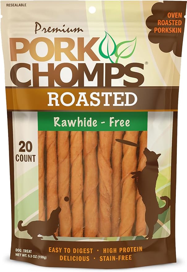 Pork Chomps Roasted Pork Skin Dog Chews, 5 Inch Mini Twists, 20 Count - Long-Lasting Treats for Dogs - High Protein, Rawhide-Free, Low Fat, Healthy & Delicious Chews