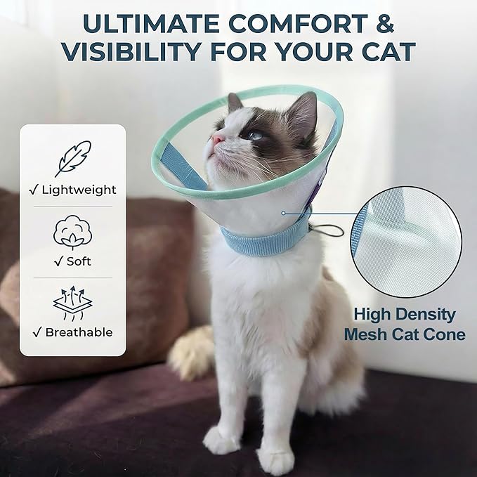 Soft Cat Cone Collar, Lightweight Mesh Recovery E Collar for Cats After Surgery, Adjustable Elizabethan Collar for Kittens and Tiny Dogs, Blue S