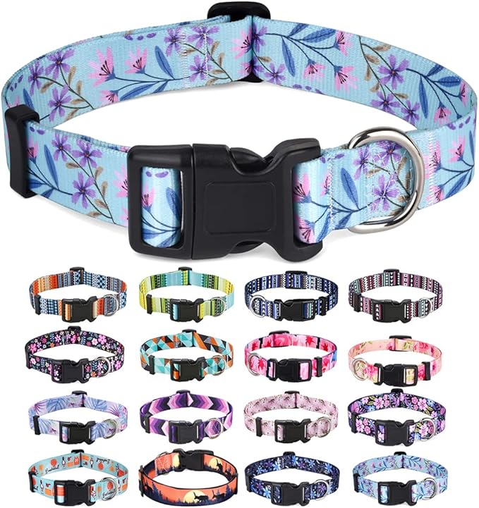Mihqy Dog Collar with Bohemia Floral Tribal Geometric Patterns - Soft Ethnic Style Collar Adjustable for Small Medium Large Dogs(Floral Purple,S)