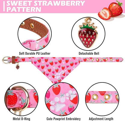 EXPAWLORER Small Collar and Leash Set - Embroidery Pawprints with Bow Tie and Bandana Collar with Bell, Soft Tangle Free Leash for Dogs Cats Outdoor Walking, Holiday Ideal Gift Pink Strawberry S