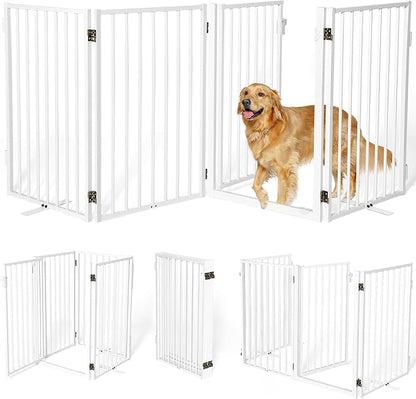 Metal Freestanding Dog Gates with Door for Outdoor Indoor,80'' Extra Wide 32'' Tall Free Standing Dog Gate for Doorways,Large Openings,Deck,Yard,Porch,Foldable Pet Fence(White,4 Panels)