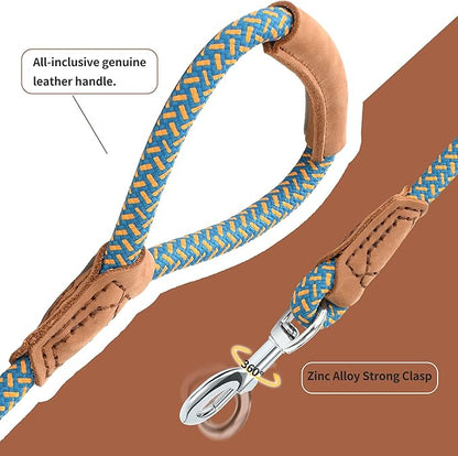 Mile High Life Leather Dog Leash, Heavy Duty Strong Genuine Leather Handle Rope Leash Soft and Comfortable for Small Medium Large Dogs (Peacock Blue, 72 Inch)