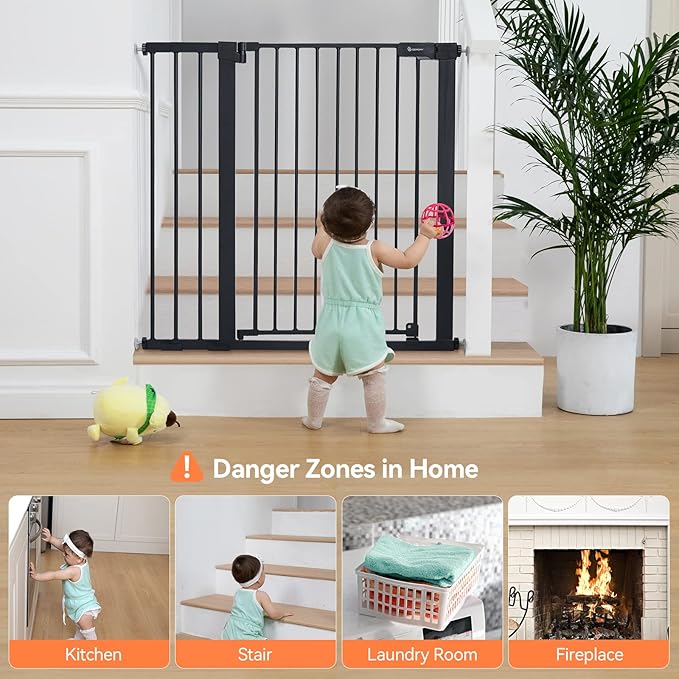 COMOMY 36" Extra Tall Baby Gate for Stairs and Doorways - Fits 29.5" to 48.8" Wide Openings, Auto Close Extra Wide Dog Gate for House, Pressure Mounted Easy Walk Through Pet With Door, Black
