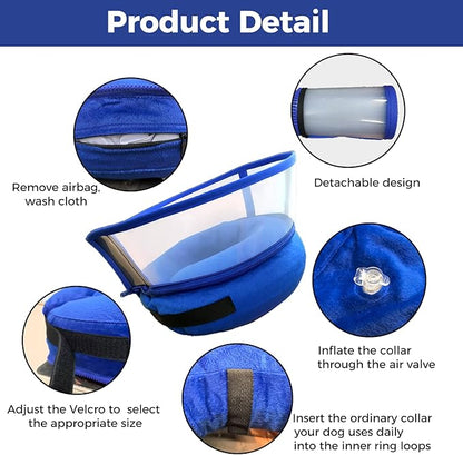 Inflatable Dog Cone Collar, Adjustable Size Velcro with Soft Padding Collar After Surgery for Small Dogs to Stop Licking,Extra Enhanced Anti-Licking Guard Shield for Pets(Blue/S(4-6" Neck))