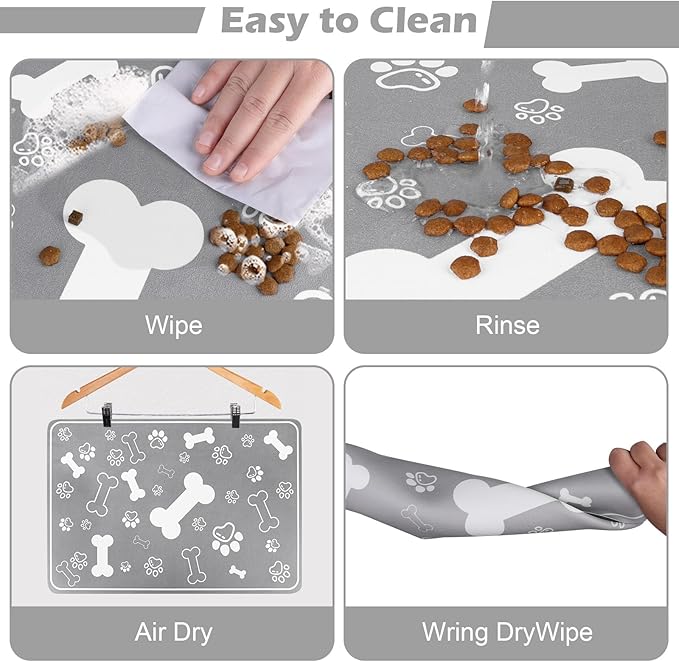 Pet Feeding Mat,Rapid Absorbent Mats for Dog Cat Food, Dog Placemat Water Bowl Mat with Rubber Backing,Messy Drinkers to Protect Floors, Pet Accessories 16"×24" Grey