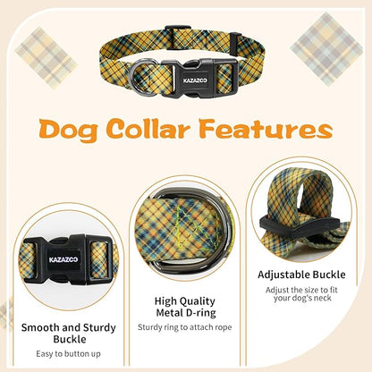 Kazazoo Dog Collar Cute and Soft Nylon Puppy Collar for Boy and Girl, Adjustable Dog Collars for Small Medium Dogs, Yellow&Blue Plaid-XS