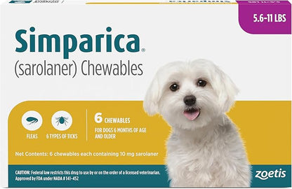 Simparica (sarolaner) Chewables for Dogs, 10 mg/tab, 5.6-11 lbs (Purple), 6 Tablets