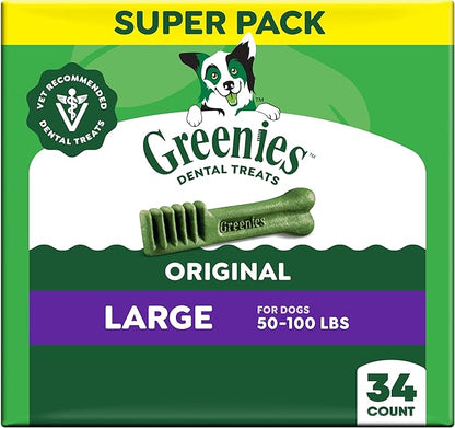 Greenies Veterinarian-Recommended Adult Natural Dental Dog Treats Large Size, Dog Dental Chews, Original Flavor, 54 oz. Pack, 34 Count