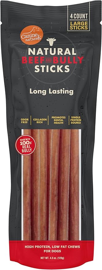 Canine Naturals | Natural Beef & Bully Sticks | Long-Lasting, Odor Free, High Protein Chews Made with 100% Real Bully | 4 Count Large Sticks