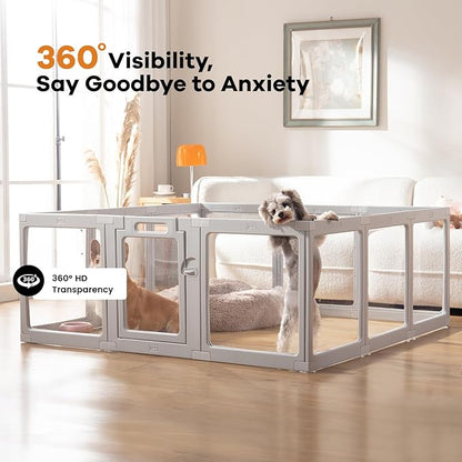 Clear Acrylic Dog Playpen Indoor, Puppy Cat Small Pet Play Pen, Pet Cat Playpen for Rabbits, Dog Fence Crate Kennel Whelping Cage (Grey, 10 Panel)