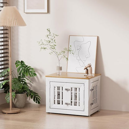 Snuowu 26" Heavy Duty Dog Crate Furniture for Small,Medium and Large Dogs,Rustic Wooden Dog Cage Kennel Indoor Furniture with Waterproof Top,Decorative Pet House Side End Table (White & Wood)