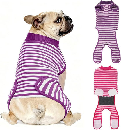 2 Packs Breathable Cotton Dog Recovery Suit for After Neuter Spay Abdominal Wounds Protector, Professional Anti-Licking Onesies for Male Female Pets Surgery Bandages, M Purple & Pink Stripes