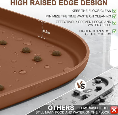 SMILOOL Small Silicone Pet Food Mat with Raised Edge for Food and Water Bowl, Square Dog Feeding Mats, Cat Food Trays for Floor Waterproof, Rubber Tray for Dogs and Cats, 12 x 12 x 0.7 Brown