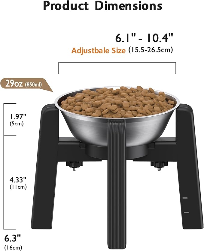 CZPET Dog Bowl Stand, 51 oz Large Capacity Raised Elevated Dog Food/Water Stainless Steel Feeder, Size Adjustable & Anti-Slip Stand for Medium Dogs (2 Pack)