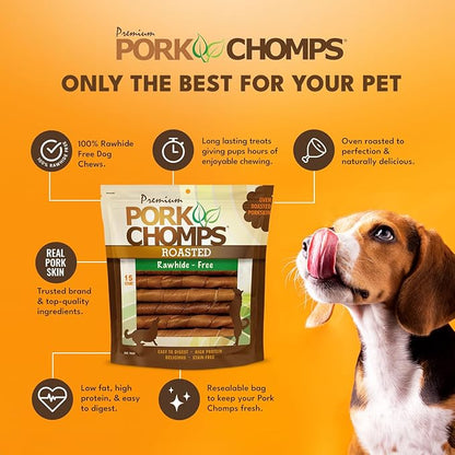 Pork Chomps Roasted Pork Skin Dog Chews, 6 Inch Twists, 15 Count - Long-Lasting Treats for Dogs - High Protein, Rawhide-Free, Low Fat, Healthy & Delicious Chews