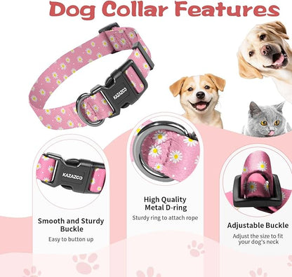 Kazazoo Dog Collar Cute and Soft Nylon Puppy Collar Girl, Adjustable Dog Collars for Small Medium Dogs, Pink Daisy-M