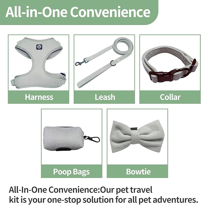 EVERKING 5-Piece Dog Travel Set, Adjustable Harness, Leash, Collar, Poop Bags, Bowtie for Small Medium Dogs, Beige, Breathable No-Pull Design (Slate Gray, S)