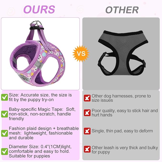 BEAUTYZOO Easter Dog Harness and Leash Set,Step in No Choke No Pull Soft Mesh Dog Harnesses Reflective for XSmall/Small Puppy Dogs Cats, Cute Coloful Egg Dog Vest for Outdoor Walking,Purple S