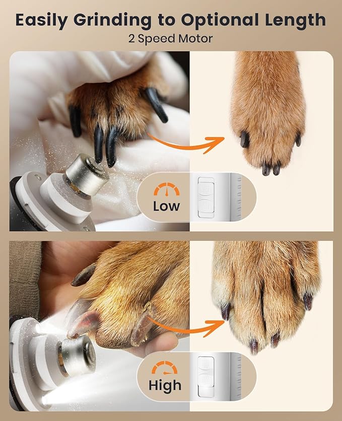 oneisall 2 in 1 Quiet Paw Trimmer and Dog Nail Grinder with LED Lights, 35dB Dog Paw Grooming Kit Rechargeable Cordless Pet Clipper