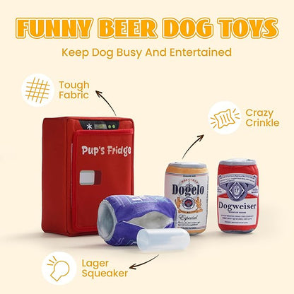 Nocciola Squeaky Beer Dog Toys with a Fridge, Funny Crinkle Hide and Seek Dog Chew Toys for Small Medium Large Breeds, Plush Stuffed Puppy Birthday Gifts