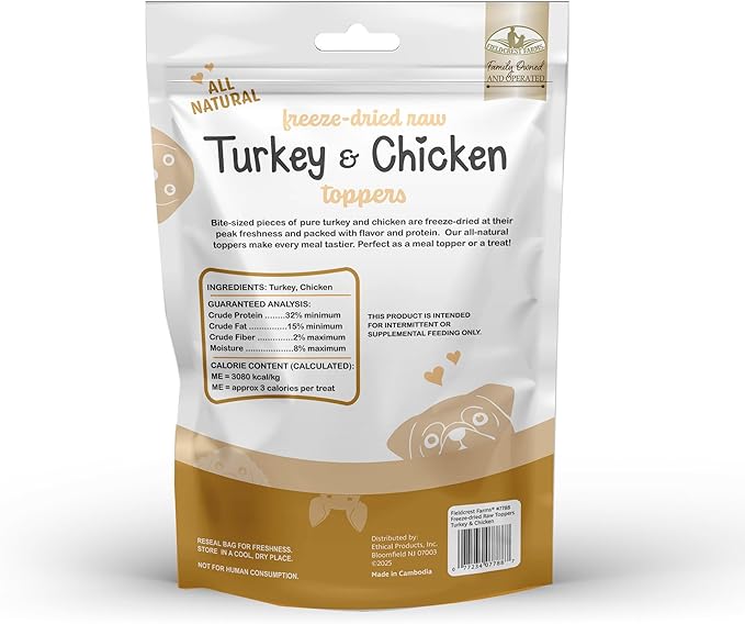 Fieldcrest Farms Freeze-Dried Raw Turkey & Chicken Dog Food Toppers or Treats, All Natural Real Ingredients, No Additives or Fillers, Protein & Flavor Boost, 12 oz