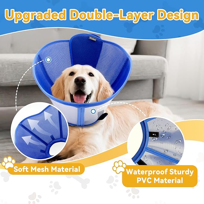 Upgraded Dog Cone Collar for Large Medium Dogs, Soft Dog Cone with Double-Layer Design, Adjustable Pet Recovery Collar for Dogs After Surgery, Elizabethan Collar (XXL, Blue)