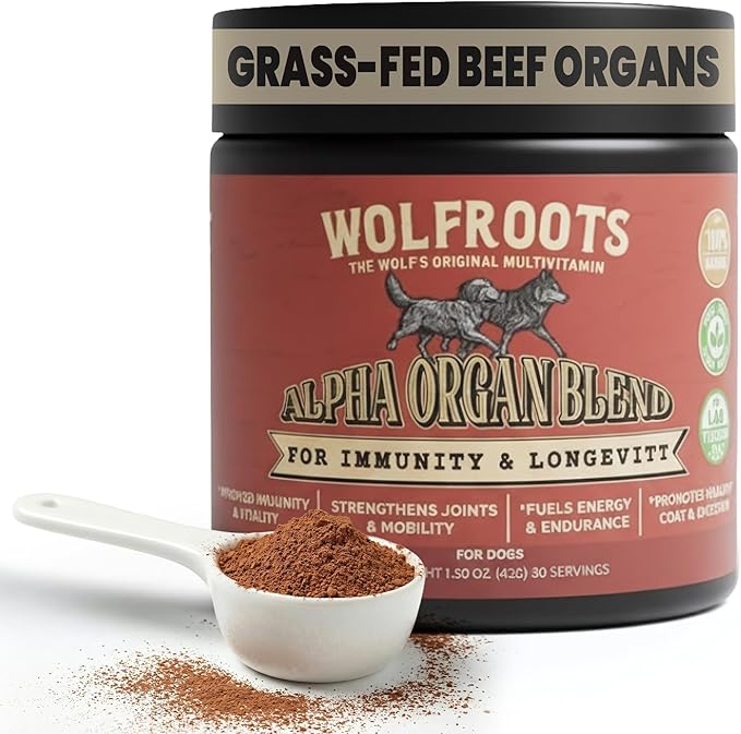 Alpha Organ Blend for Dogs - Grass Fed Beef Liver Heart Kidney Pancreas Spleen Powder - Freeze Dried Dog Vitamin Minerals - Supports Immunity Joints Skin Coat Energy - All Breeds 30 Servings