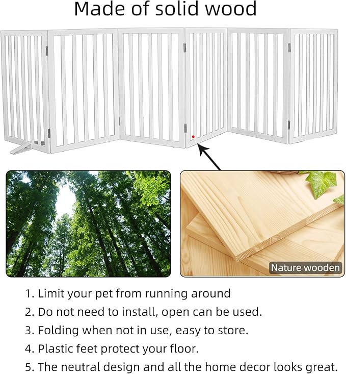 ZJSF Freestanding Indoor Dog Gate for House Foldable Wood White Puppy Gate for Doorways Pet Gate for Stairs Extra Wide Pet Fence 32" Height 6 Panels