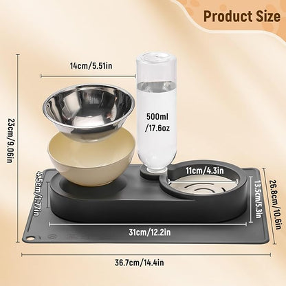 Marchul 2-in-1 Dog Bowl, Elevated Cat Food and Water Bowl with No-Spill Mat, 15° Tilt Stainless Steel Dish + 500ml Leak-Proof Bottle, Easy Clean Design (Dry/Wet Food & Water)
