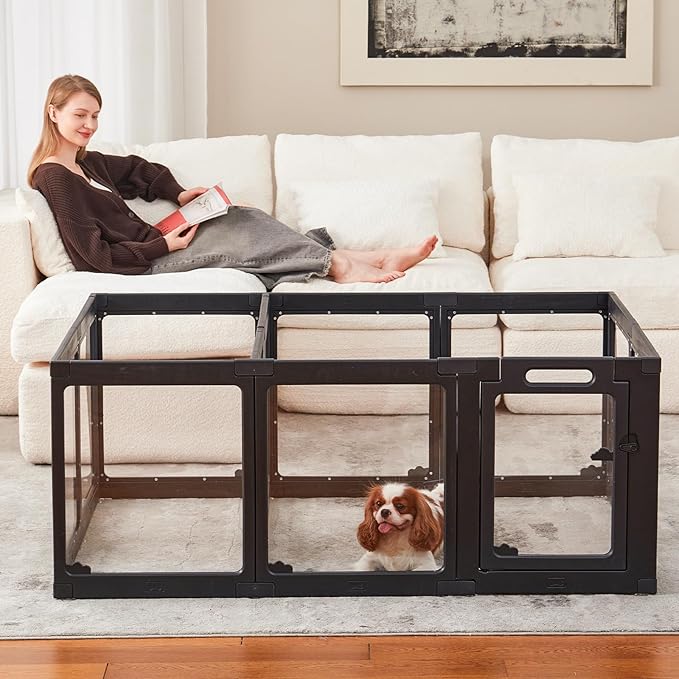 Acrylic Dog Playpen Indoor, Cloud Design Clear Dog Play Pen for Puppies and Small Dogs, Easy Assembly & Clean Puppy Pen (23.6", 16 Panels, Black)