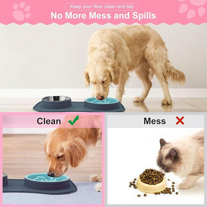 Anipaw Slow Feeder Dog Bowls 3 in 1 Stainless Steel Dog Food and Water Bowls with Non-Spill and Non-Skid Silicone Mat to Slow Down Eating for Large Medium Small Breed Size Dogs and Cats (Light Grey)