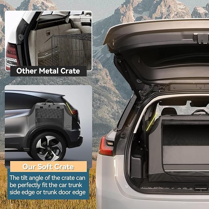 PETSFIT Collapsible Dog Crate, Portable Dog Crate - 24 Inch Sturdy Adjustable Structure, Easy to Set Up, Portable Dog Crate for Car, Light Tough with 3 Mesh Doors Grey