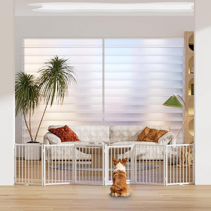 SNUOWU Full Metal Freestanding Dog Gate with Door, 24'' Height Foldable Pet Dog Fence for Indoor & Outdoor, 6 Panels Extra Wide Free Standing SmallDog Gates for Doorways,House,Stairs,Porch,Deck,Yard